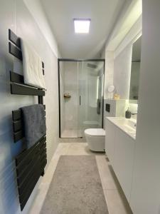 a bathroom with a shower and a toilet and a sink at PS36 Holiday Home Siófok in Siófok