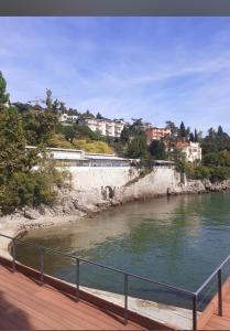 a view of a body of water with houses on a hill at Apartments Villa Dinka in Opatija