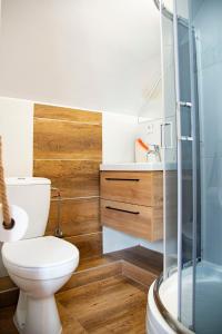 a bathroom with a toilet and a glass shower at Orle Gniazdo in Władysławowo +65 photos