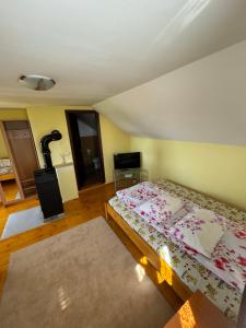 a bedroom with a bed and a television in it at Ela’s retreat in Dealu Mare