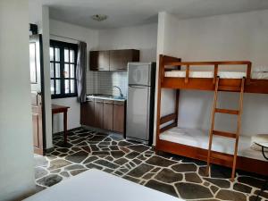 a small room with a bunk bed and a kitchen at Villa Evi by the sea in Sarti