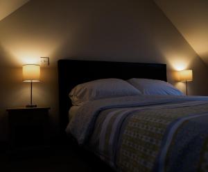 a bedroom with a bed and two lamps on tables at No5 The Smiddy in Wigtown