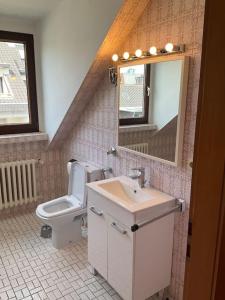 ein Badezimmer mit Toilette, Waschbecken und Spiegel in der Unterkunft Schöne DG - Wohnung in Bonn in Bonn