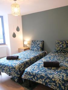 a bedroom with two beds with blue sheets at Au Gré des Saisons - Vulcania & Lemptégy in Pontgibaud