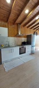 a kitchen with white appliances and a wooden ceiling at Fernandes Guest house Blue bungalow in Ponte de Lima