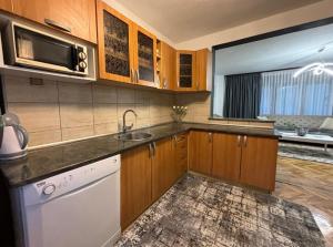 a kitchen with wooden cabinets and a sink at Riverside Resort Una in Bihać