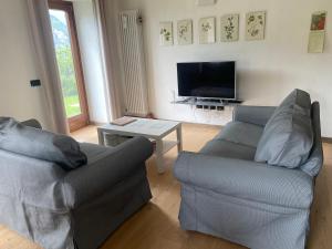 ein Wohnzimmer mit Sofa und Fernseher in der Unterkunft cottage lavanda e rosmarino in Lavis