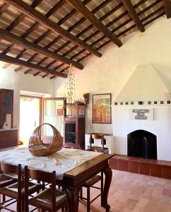 ein Wohnzimmer mit einem Tisch und einem Kamin in der Unterkunft Bed and Breakfast Leoncito del Conero in Marcelli