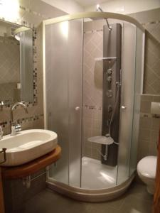 a bathroom with a shower and a sink at Kratter Alpenplick in Sappada +71 photos