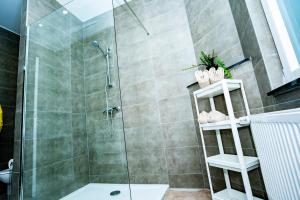 a bathroom with a shower and a glass shower stall at Chambre R0 avec salle de bain partagée près de l'hôpital de la Citadelle à Liège in Liège