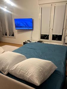 a bedroom with a blue bed with two windows at WonderSuite appartement - centre ville avec parking couvert -15mn de Paris et 10 mn de Stade de France, wifi, Netflix in Deuil-la-Barre +16 photos