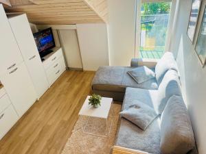 a living room with a couch and a tv at Apartamentai su terasa in Palanga