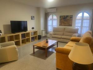a living room with two couches and a flat screen tv at Plaza Mercadal, Tudela in Tudela
