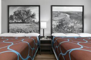 due letti in una stanza con un quadro sul muro di Super 8 by Wyndham Grapevine/DFW Airport Northwest a Grapevine