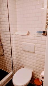 Un baño blanco con inodoro y ducha. en Drzewna Apartamenty-Kupiecka 40, en Zielona Góra