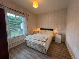 a bedroom with a bed and two night stands and a window at Mountain View at Grange Beg # 1 in Doonflin Lower