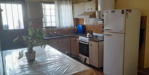 a kitchen with a refrigerator and a table with a potted plant at HERMINIA in Villa Carlos Paz +15 photos