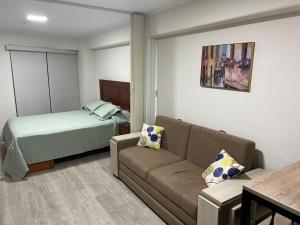 una sala de estar con un sofá y una cama en Minidepartamento de estreno, en Lima 7 fotos más