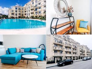 a collage of photos with a couch and a pool at Amber drop with a pool in Ravda