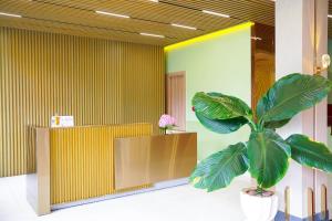 a potted plant in a lobby with a yellow wall at Samten Hills Boutique Villa in Xuan An