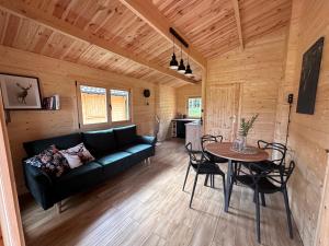 a living room with a couch and a table at Stary Las Siemczyno in Siemczyno