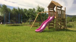 a playground with a pink slide in a field at Sun Garden Glamping Domes in Călimăneşti