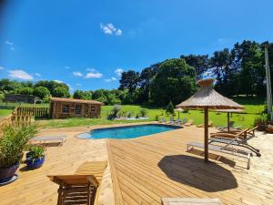a patio with a pool and an umbrella and chairs at Gîte du Petit Moulin in Réaumur