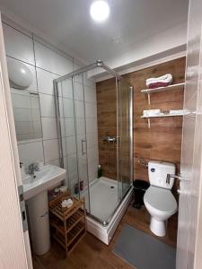 Vrnjačka BanjaにあるRoyal King Villa 2のシャワー、トイレ、洗面台を備えたバスルーム
