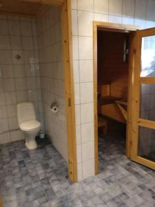 a bathroom with a toilet and a sink in it at Loghouse in Hjorto in Ödkarby +22 photos