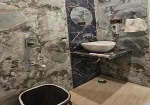 a stone bathroom with a sink and a toilet at Triveni International in Varanasi