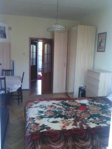 Apartament na Starówce في غدانسك: غرفة نوم مع سرير وبطانية مزهرة
