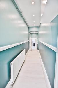 ヘイスティングスにあるThe Penthouse of Palace Courtの青い壁の部屋の廊下