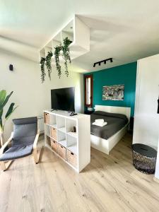 een kamer met een bed, een bank en een tv bij OASI in Desenzano del Garda +15 foto's