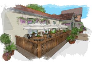 an illustration of a patio with tables and umbrellas at The Ropemaker - A Heartwood Inn in Havant