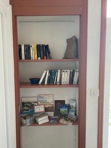 a book shelf filled with books and a cat on it at STUDIO parfaitement agencé in Lamballe