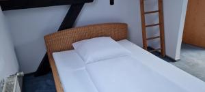 a bedroom with a bed with a pillow and a ladder at Ferienwohnung mit Dachterrasse in Eicklingen +2 photos