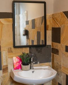 a bathroom sink with a mirror and a potted plant at Peakline Apartments in Arusha