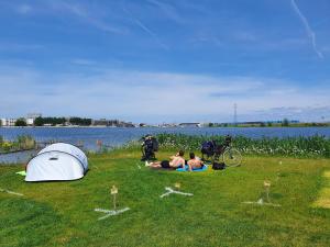 Camping Zeeburg Amsterdam في أمستردام: مجموعة من الناس يستلقون على العشب بجوار خيمة