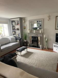 a living room with a couch and a fireplace at Cozy seaside cottage in Wexford