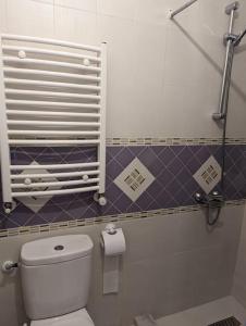 a bathroom with a white toilet and purple tiles at Dar soufia in Nabeul +13 photos