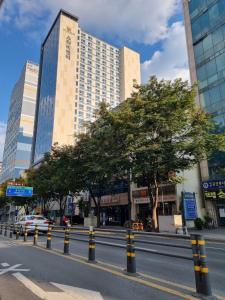 a city street with trees and a tall building at Daegu Star B&B DSR Hotel lily in Daegu