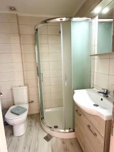 a bathroom with a shower and a toilet and a sink at Jasmin Apartments in Hanioti +9 photos