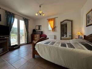 La pinède, 8 couchages vaste terrain piscine في Garéoult: غرفة نوم بها سرير كبير ومرآة