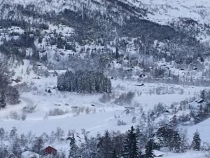 a snow covered mountain with trees and houses on it at Hardanger Camping Allhovden Mountain & fjord in Norheimsund +10 photos