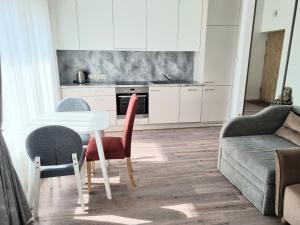 a kitchen with a table and chairs and a couch at Žiogų apartamentas in Palanga