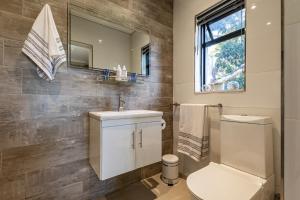 a bathroom with a toilet and a sink and a mirror at Novelle Vista Cottage in Hout Bay