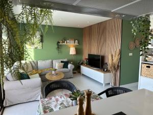 ein Wohnzimmer mit grünen Wänden und einem Sofa in der Unterkunft Casa Marysol in Orihuela