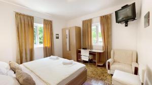 a bedroom with a bed and a chair and a television at Apartments Antonela in Sveti Stefan