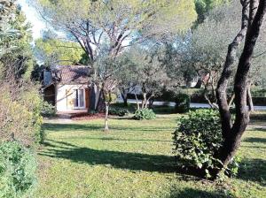 a house in the middle of a yard with trees at Petite maison dans un écrin de verdure in Les Angles Gard