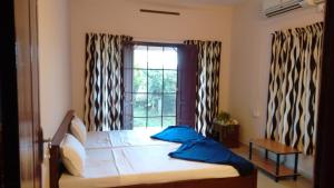 a bedroom with a bed with blue pillows in front of a window at Indeevaram Apartments in Kovalam